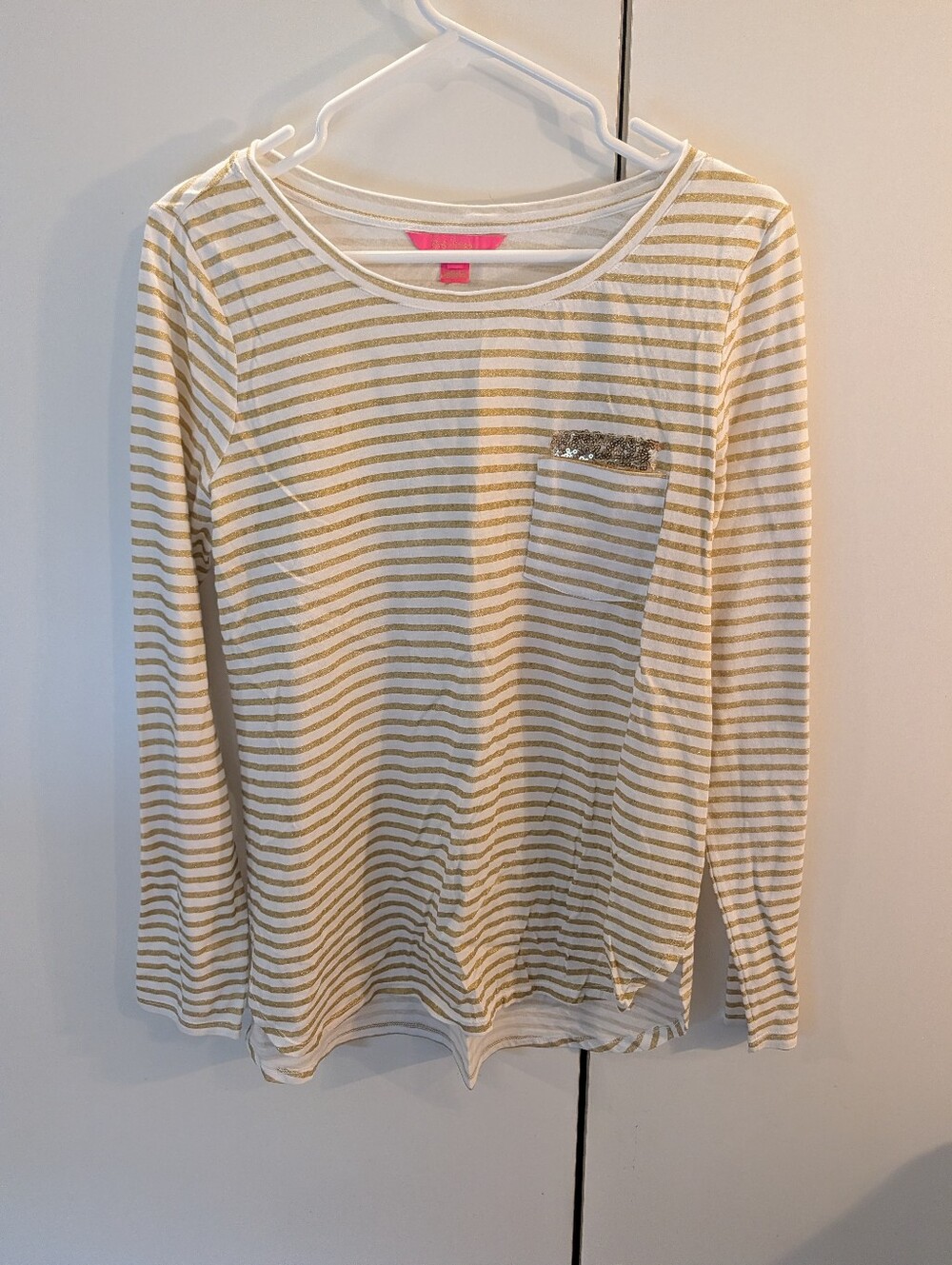Lilly Pulitzer Woman's Medium Long-Sleeve Striped Pocket Tee - Cream & Gold